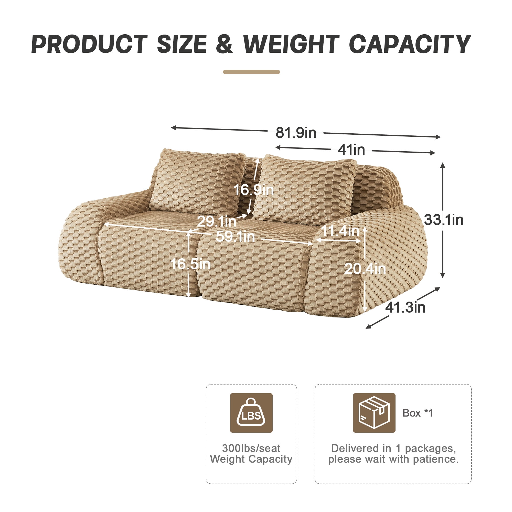 Aukfa 82" Overstuffed Cloud Sectional Sofa Modular Boneless Couch Loveseat for Living Room, 2 Pillows, Flannel, Camel