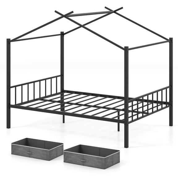 Infans Full Size Metal House Bed with 2 Fabric Drawers Heavy-Duty Platform Bed Black