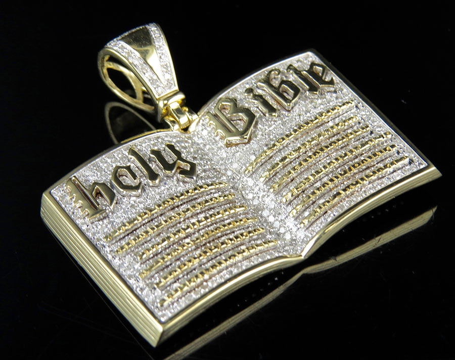 Men's 10K Yellow Gold Real Diamonds Open Holy Bible Book Charm Pendant