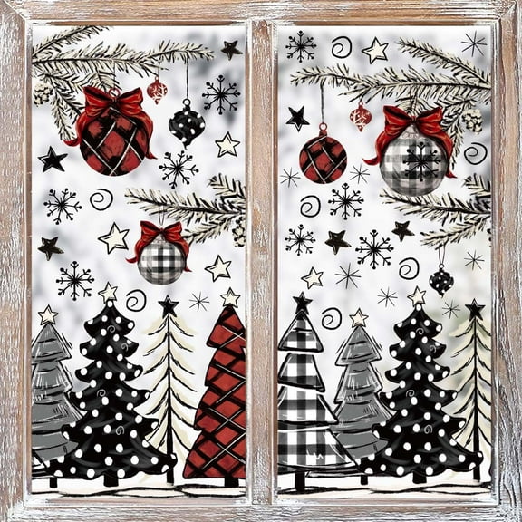 123 Piece Christmas Window Cling Set, Red and Black Snowflake Tree Decor for Glass Display, Party Supplies/Home Decor