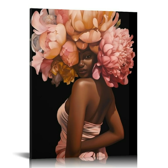 JEUXUS African American Wall Art Pink Flower on Black Women Head Vintage Canvas Art Paintings Modern Abstract Girl Picture Home Wall Decor for Bedroom Living Room, Ready to Hang (Pink, 12x16inch)