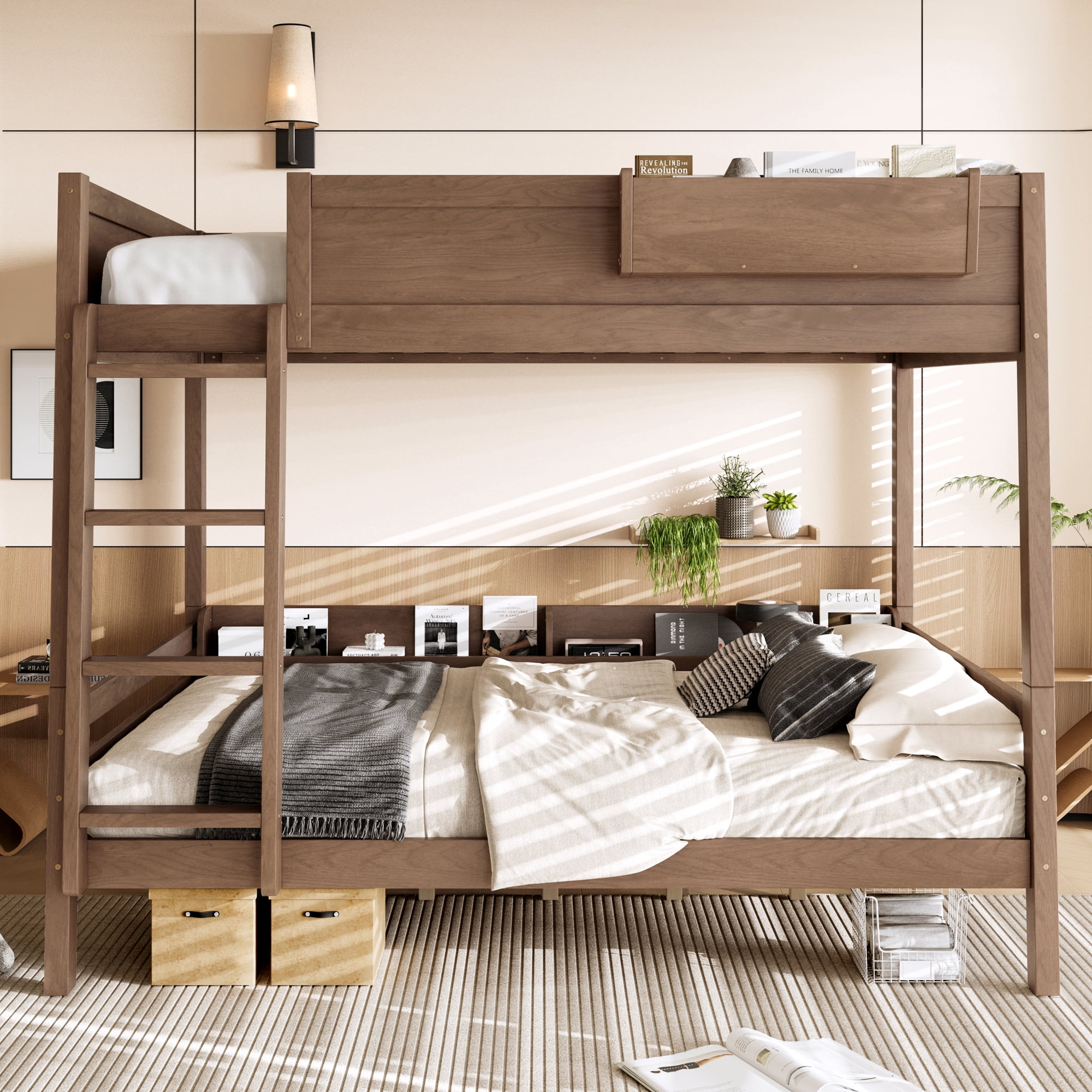 Mintazer Queen Over Queen Detachable Bunk Bed with Storage Shelf and Bookshelf, Modern Convertible Bunk Bed with Ladder and Guardrails for Bedroom Guest Room, Brown