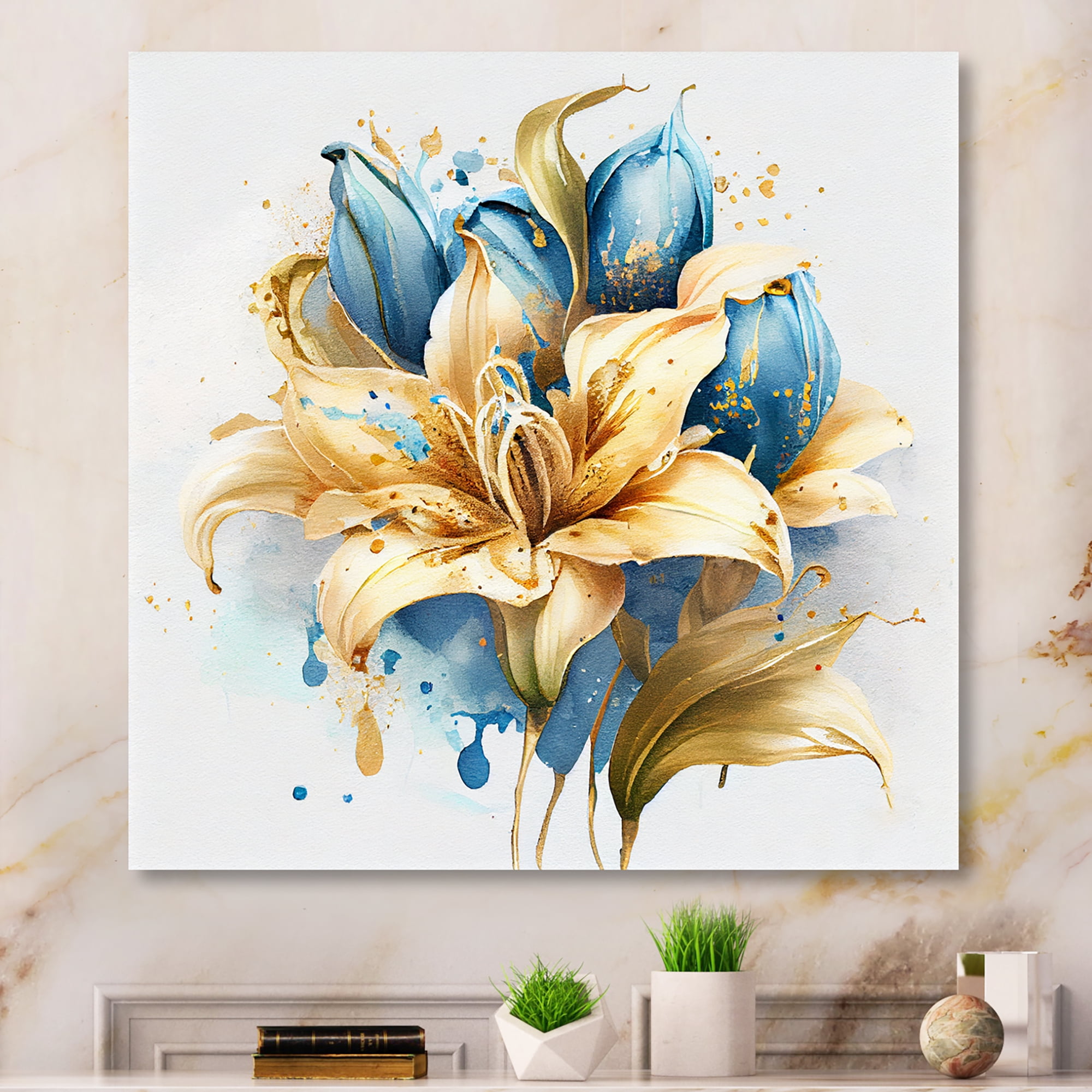 Designart Gold And Blue Lily Bouquet I Canvas Wall Art