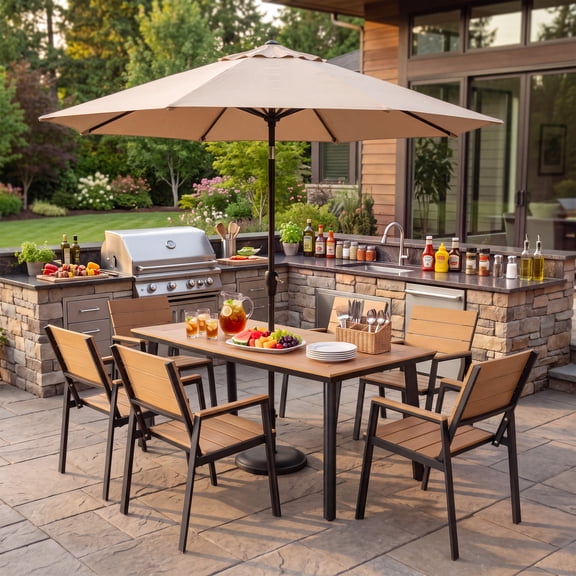 Homall Outdoor Patio Dining Set of 7, Rectangular Dining Table with Umbrella Hole and 6 Armrest Chairs, Low Maintenance for Backyard Deck Poolside