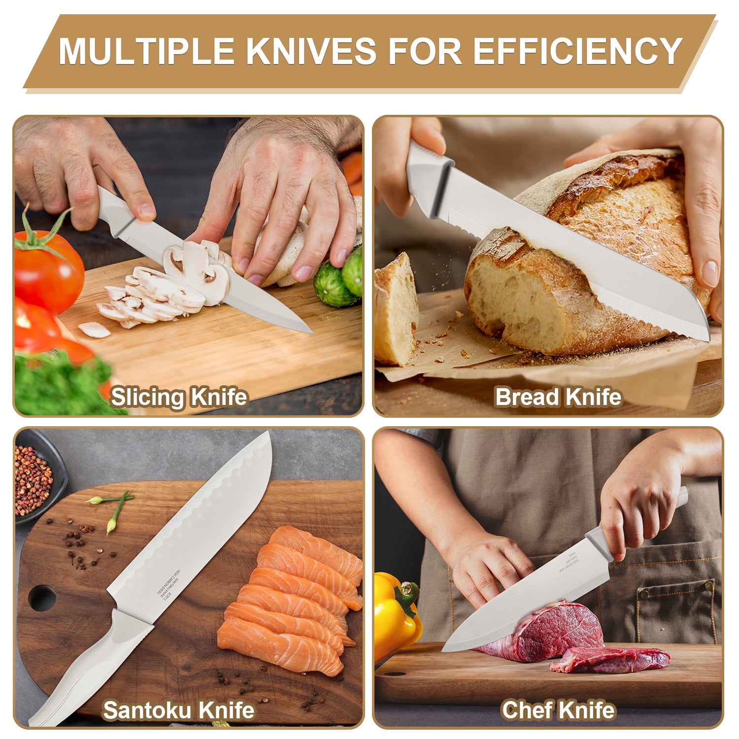Walchoice 15 Pieces Knife Set with Block, High Carbon Stainless Steel Kitchen Knife Set with Sharpener, Rust Resistant & Dishwasher Safe - White