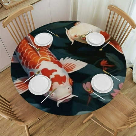 

SheronV Fish Flowers Pond Round Table Cover Stain Resistant Washable Kitchen Dining Wedding Parties 100% Polyester Waterproof Table Cloth 38 -42