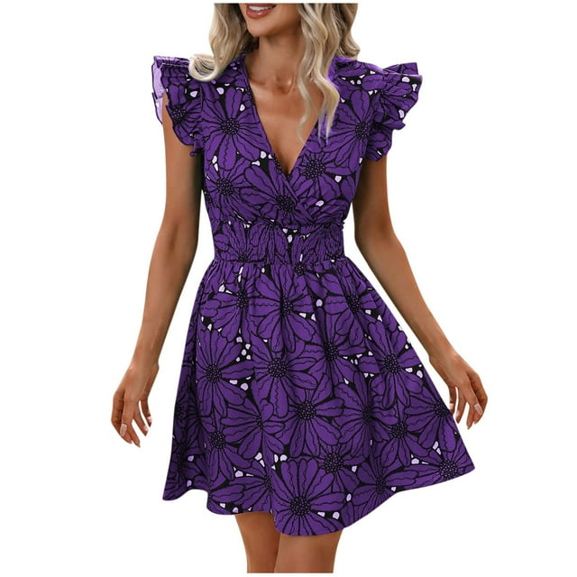 Vestido Corto de Verano Cintura Cinchado Gran Impresión de Flores sin Mangas, Vestido de Verano Sexy Y Informal