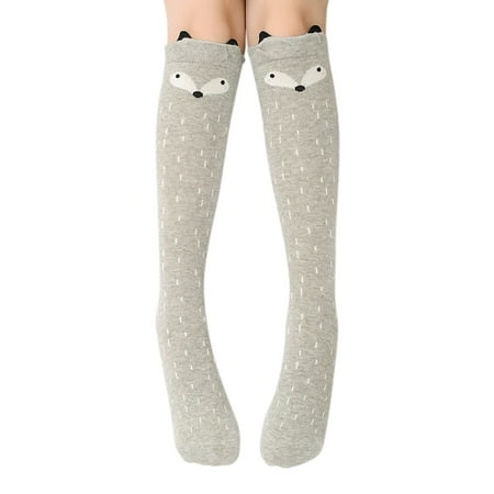 Bear Knee High Socks - Cute Cartoon Animal Cat Bear Fox Ear Cotton over Calf Knee High Socks Christmas Gift,Gray Fox