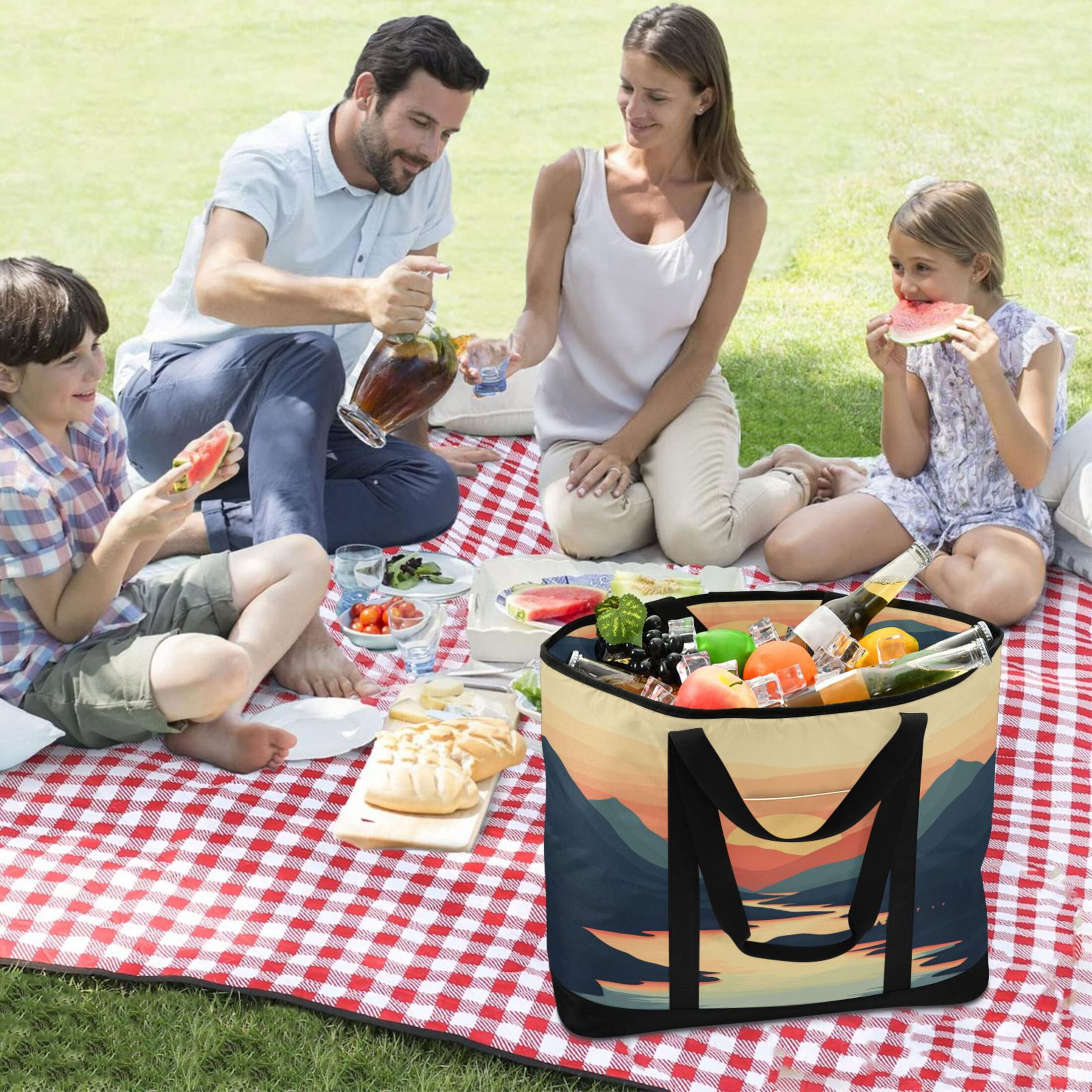 Large Hand-held Ice Pack Picnic Bag Insulation and Refrigeration Suitable for Shopping Picnics and Camping River Sunset