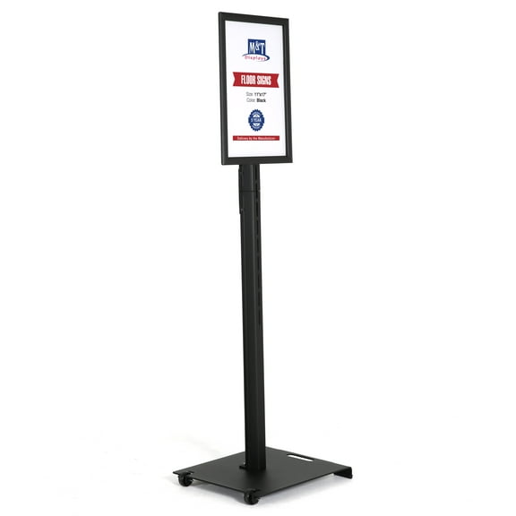 M&T Displays Outdoor Sign Holder, Black 11x17 Inch Aluminum Weatherproof Snap Poster Frame Front Loading Floor Standing Pedestal Advertisement Post Menu Holder Heavyweight Base Roll-On Wheels