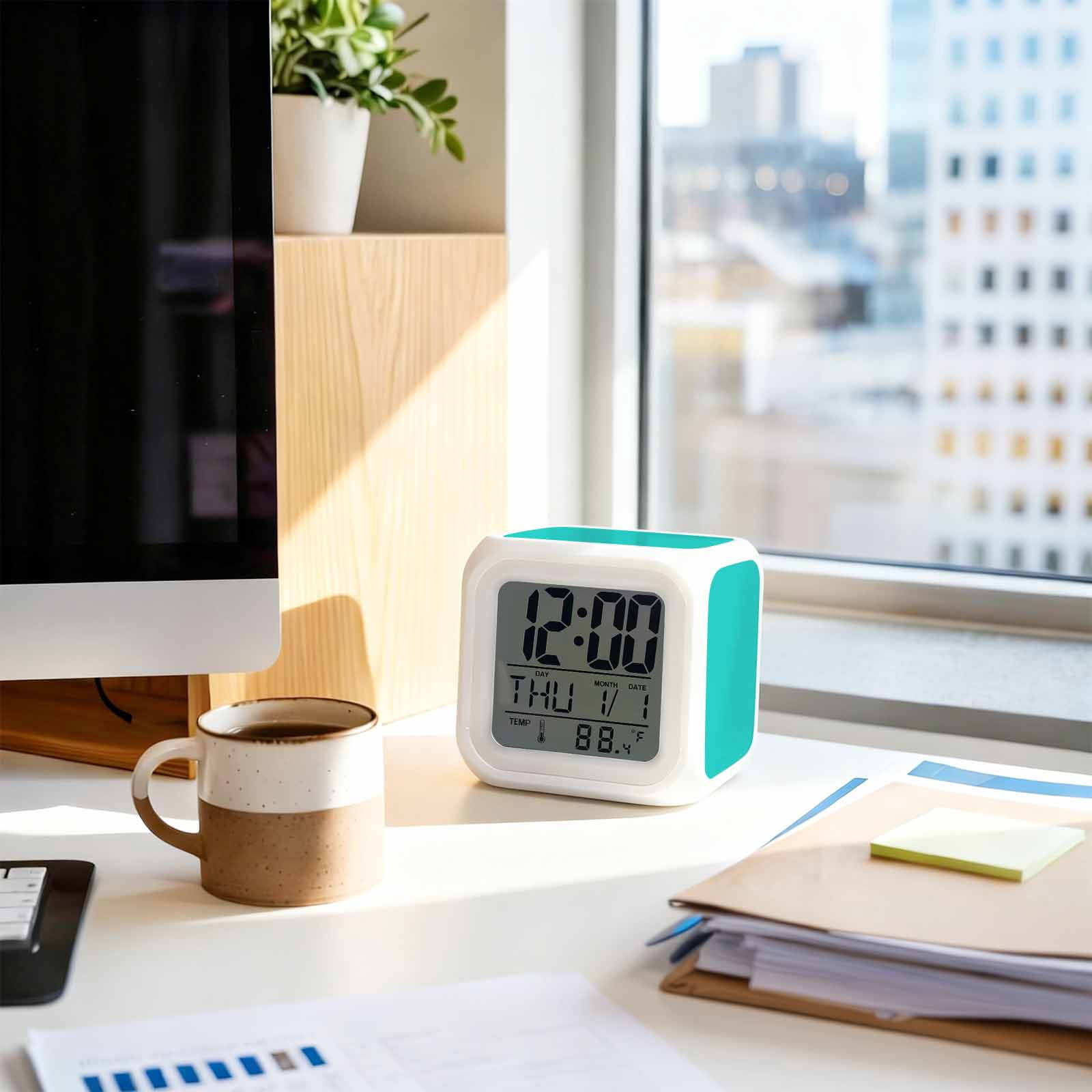 Turquoise Digital Alarm Clock for Bedrooms, Smart LED Alarm Clock with 7 Color Changing Night Light, Modern Pure Turquoise Silent Wake Up Clocks for Sleep Study Cooking 3.2"x3.2"