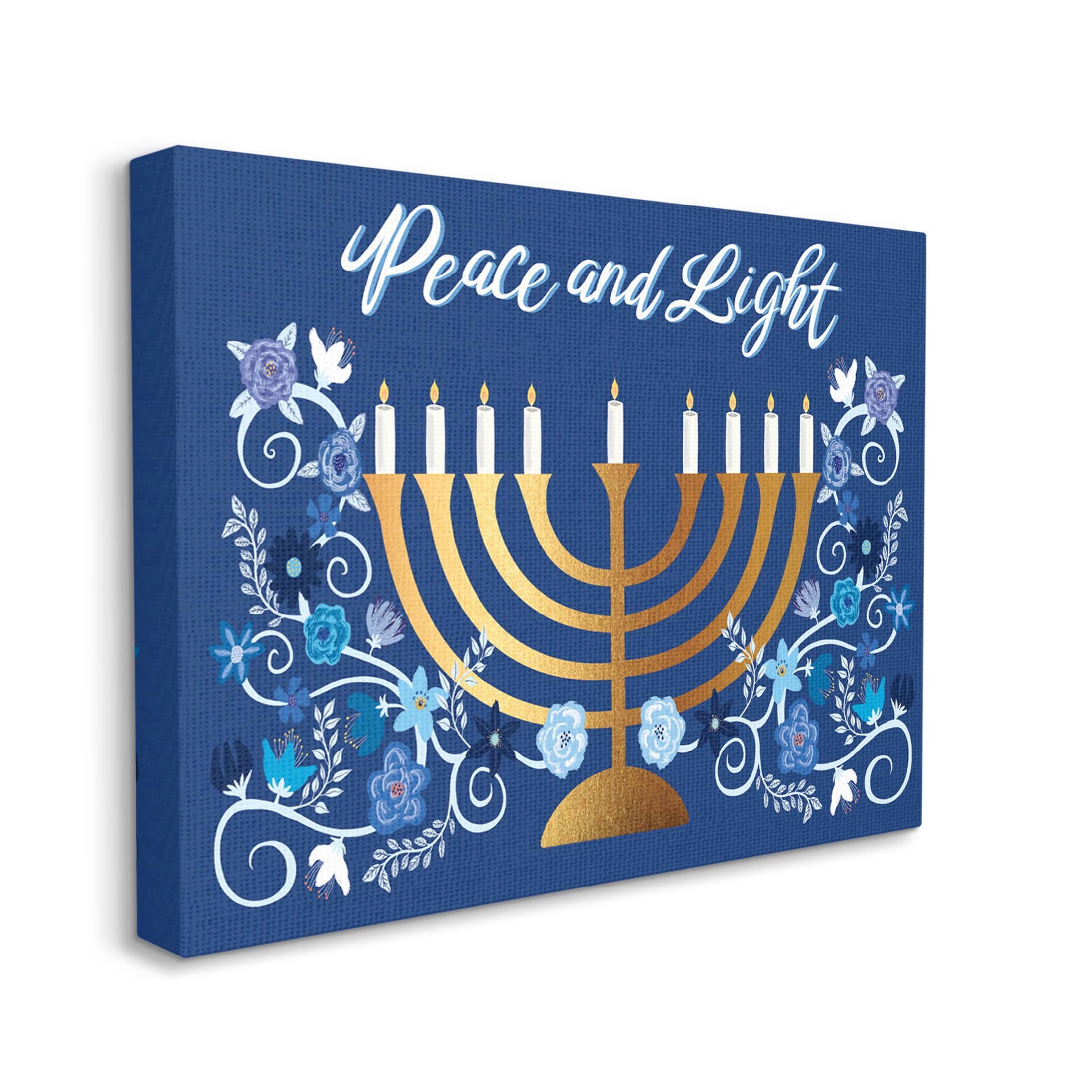 Peace & Light Floral Hanukkah Menorah Holiday Graphic Art Gallery Wrapped Canvas Print Wall Art
