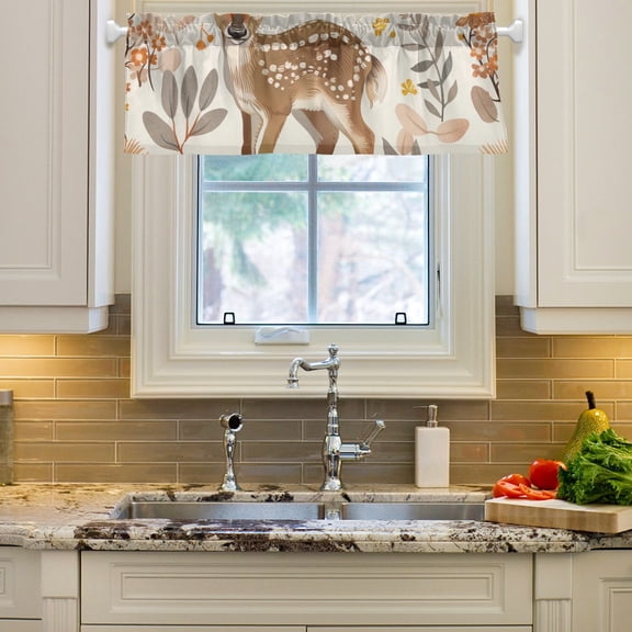 Deer Flowers and Leaves Curtain Valances Farmhouse Design Window Treatment Decor Blackout Rod Pocket for Windows Living Room Kitchen 54" x 18"