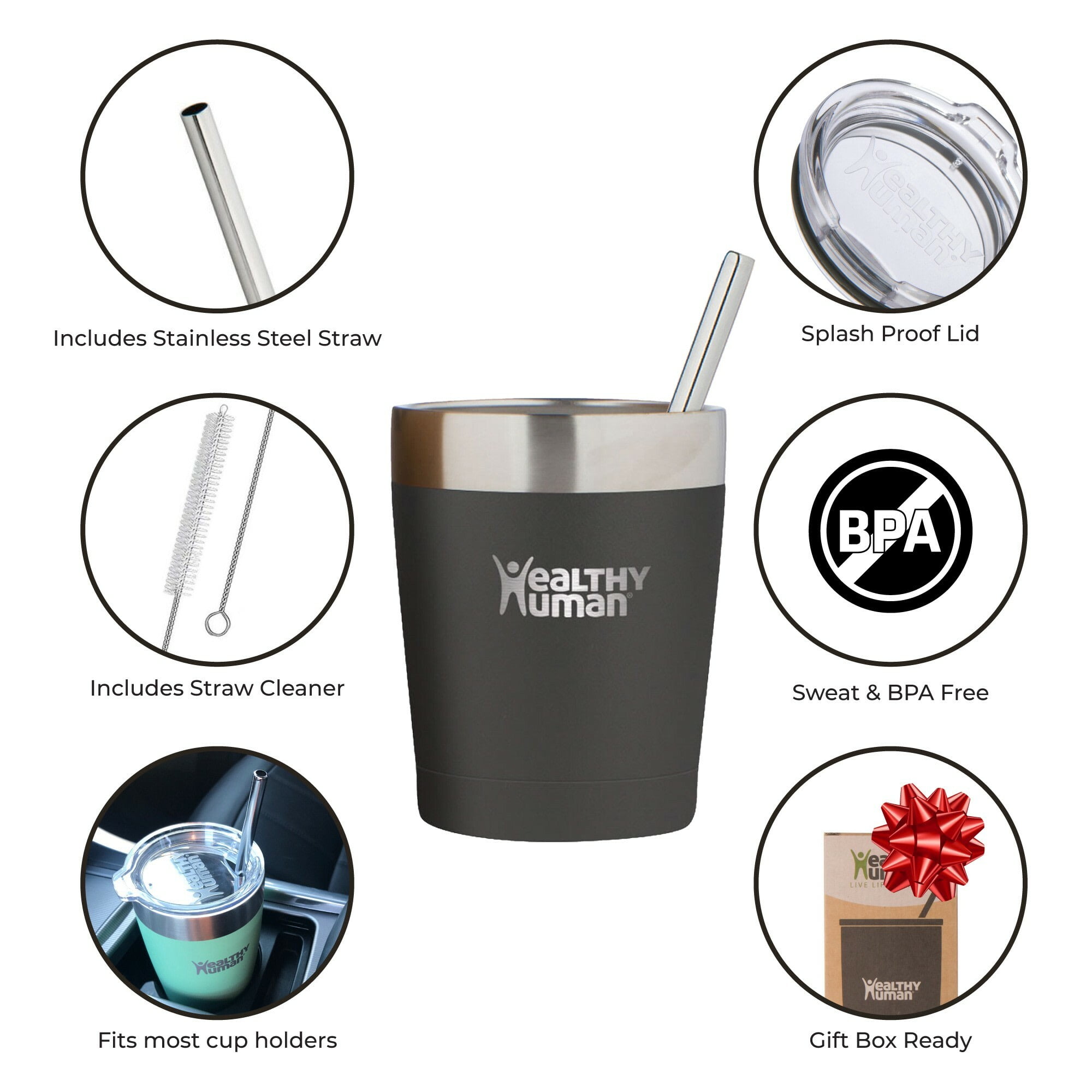 Healthy Human Stainless Steel Tumbler with Straw | Splash Proof Insulated Travel Cruiser Cup | Eco-Friendly Coffee Tumblers with Straws Cleaner & Splash Proof Lid (12oz, Pure Black)