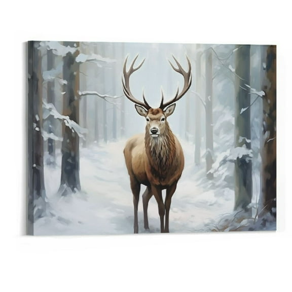 Creowell  Elk in Winter Canvas Wall Art Winter Tree Snow Scene Picture Prints Animal Christmas Painting Artwork for Living Room Farmhouse Decor Framed (Christmas 20x16 Inch)