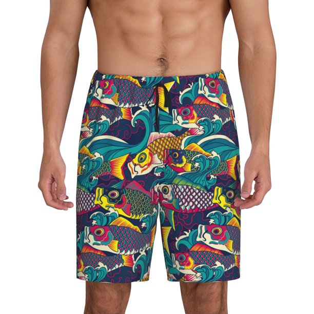 Balery Colorful Carp Streamer Pantalones cortos de pijama de punto de algodón para hombre con cinturilla y bolsillos-Medium