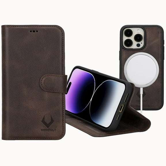 VENOULT Detachable Wallet Case Compatible with iPhone 15 Pro MAX, for Man or Women, Genuine Leather, Shock Proof TPU Frame, Luxury Folio Cover, Wireless Charge Support, RFID, First Class