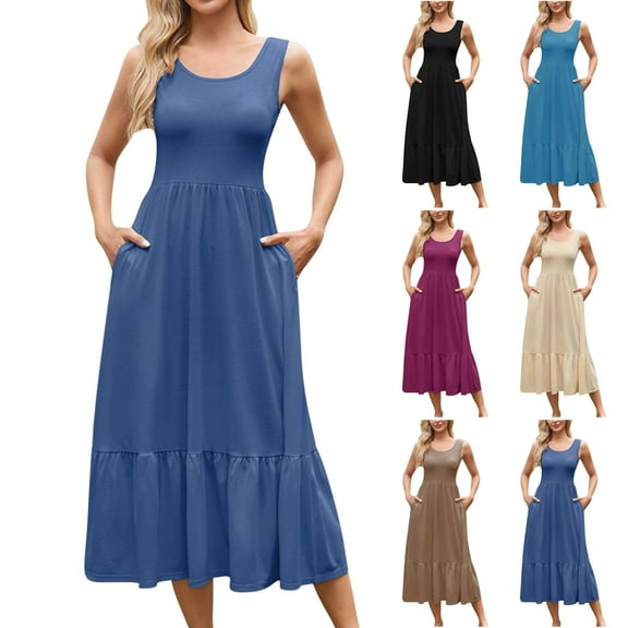 Hrsba Womens Summer Short Sleeve Dress,Plus Size Casual Dress for Womens,Fashion Women Summer Casual Round-Neck Solid Sleeveless Mid Calf Dress