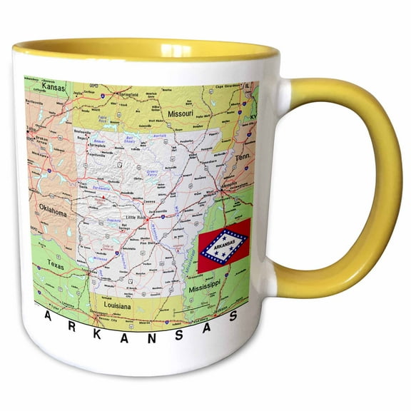 3drose, Image of Arkansas Topo Map and State Flag, 11oz Two-tone Yellow Mug