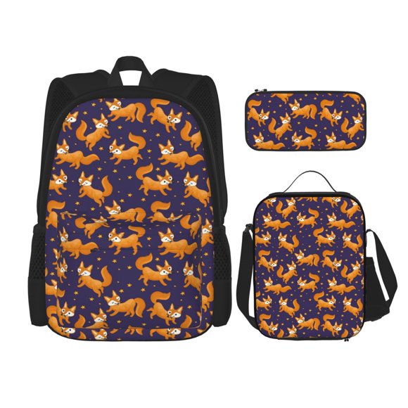 Lsque Stars and Fox Cute Pattern School Bag Set -Backpack with Pencil Case and Lunch Bag,3-in-1 School Bag,Kids Backpack Set for Boys and Girls