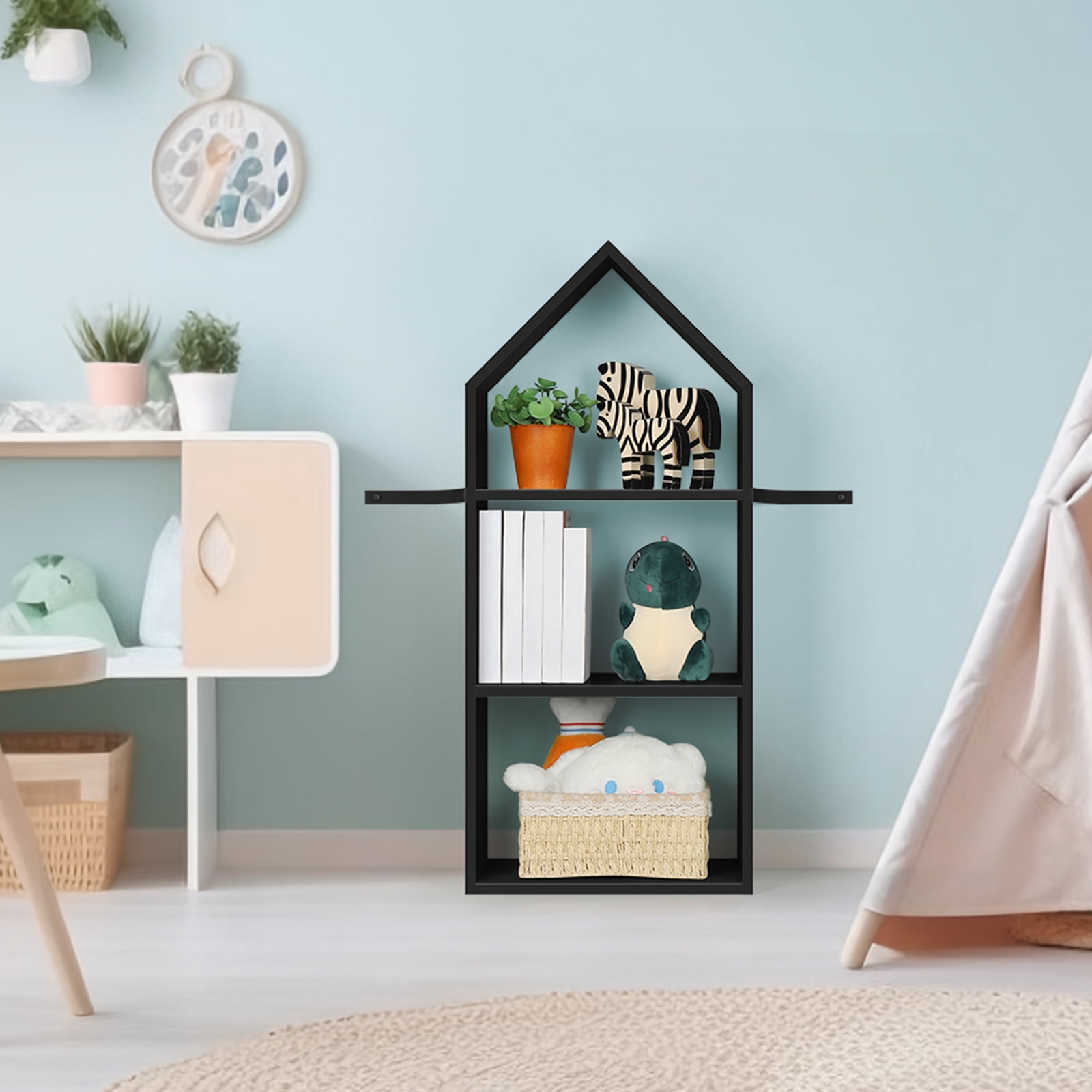 Triangle House Bookshelf in Grain Black Stylish Storage Solution for Home Office Modern Design Durable Construction Multifunctional Display Rack Creates Unique Decor Space Saver Bookshelf
