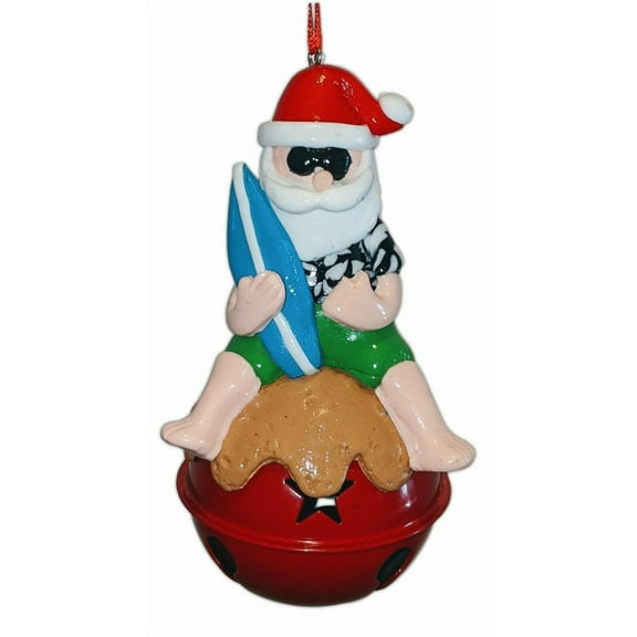 SURFER SANTA ON BELL Tropical Christmas Ornament, by Chesapeake Bay