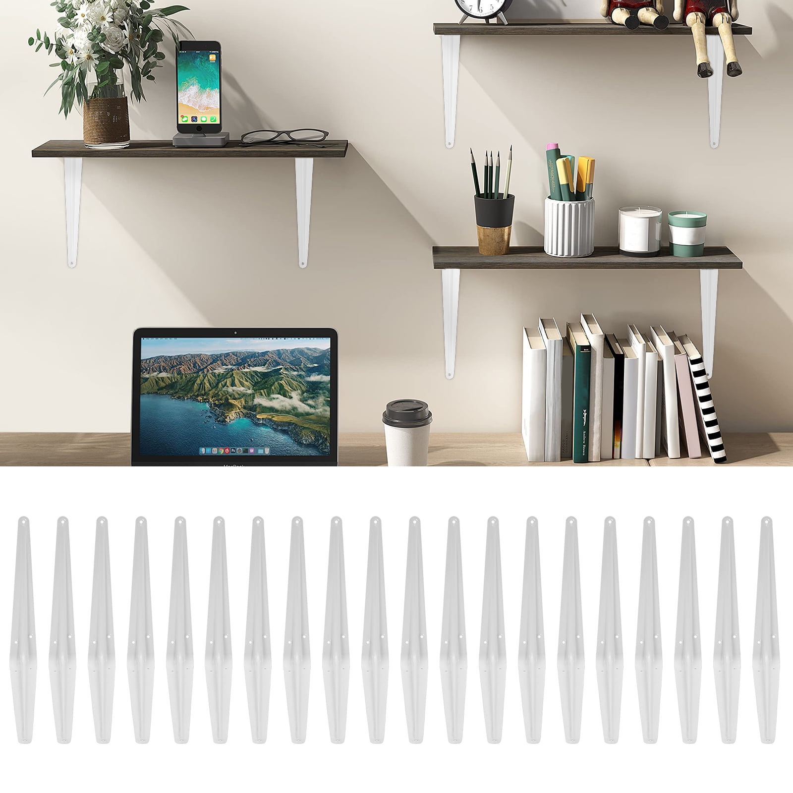Heavy Duty Shelf Brackets, 20-Pack 8x10 Inch L-Shaped Corner Braces, White Powder Coated Carbon Steel, Supports 16.5lbs Each, for Wall Mounted Shelves