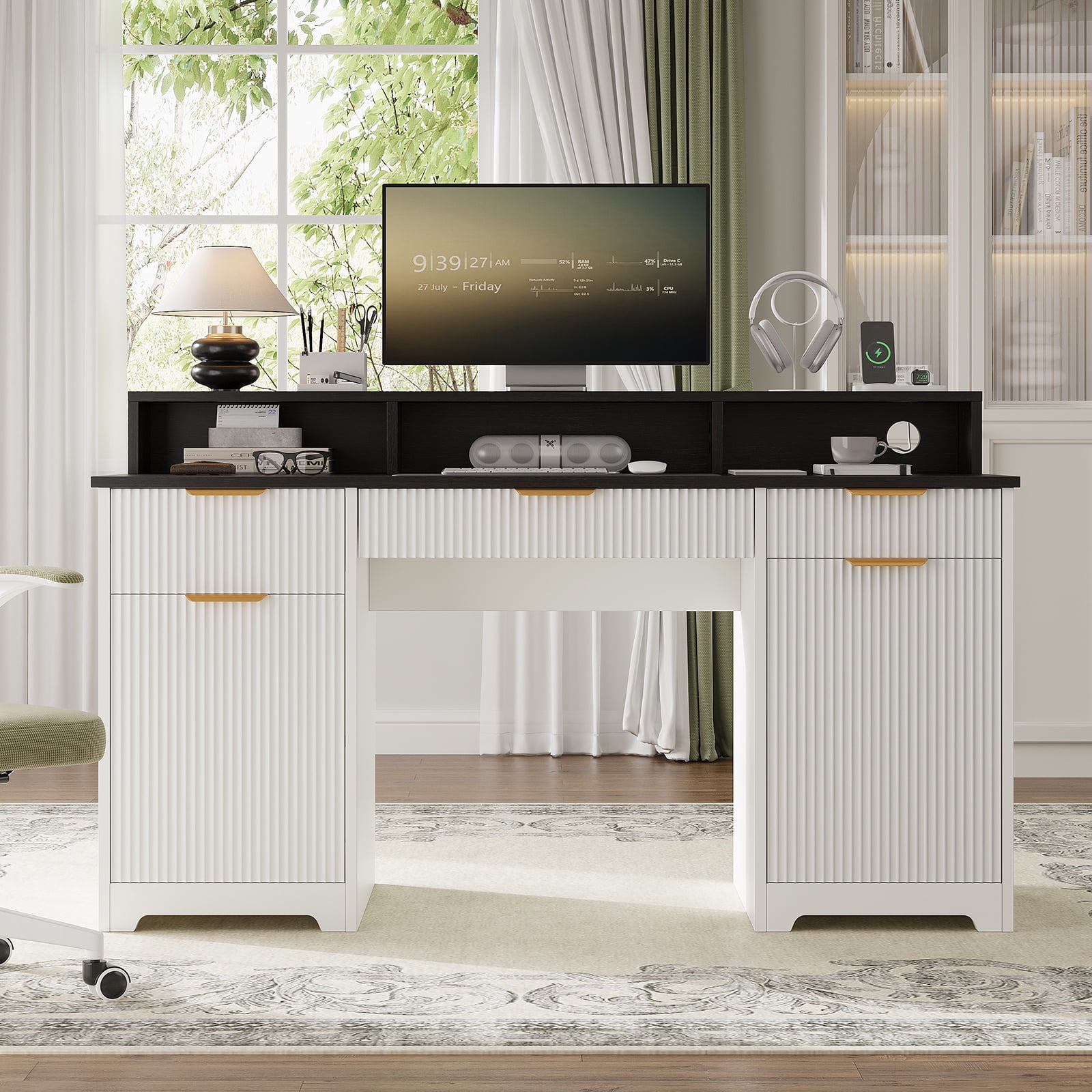 Executive Office Desk, 59" Computer Table with Power Outlets and Monitor Stand, Home Office Writing Desk with Keyboard Storage Drawer and File Cabinets, White & Black