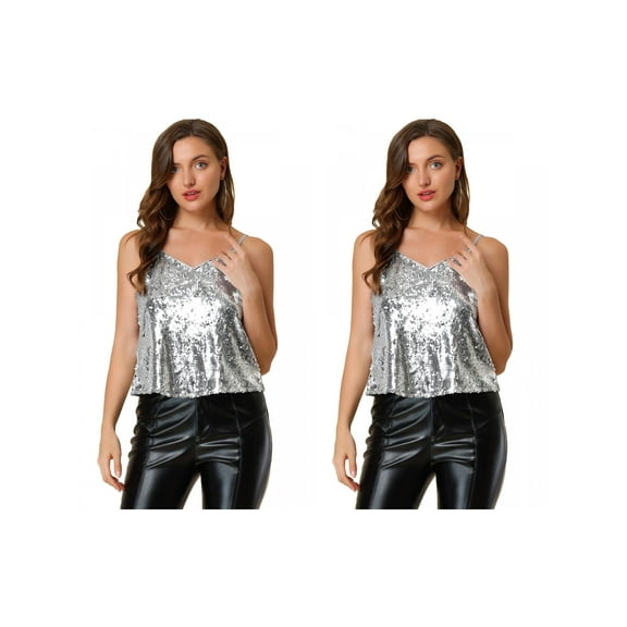 NOMADIC NOOK Women's 2 Packs Sequin Spaghetti Strap Crop Camisole Tank Tops