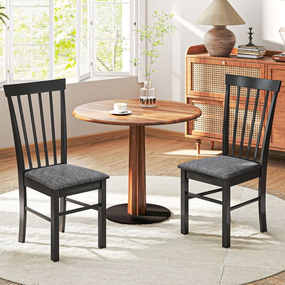 Set of 2 Farmhouse Dining Chairs, Upholstered Rubberwood Kitchen Chairs with Gray Linen-Feel Fabric, Armless Slatted Back Seating for Dining Room, Cafe, and Living Areas