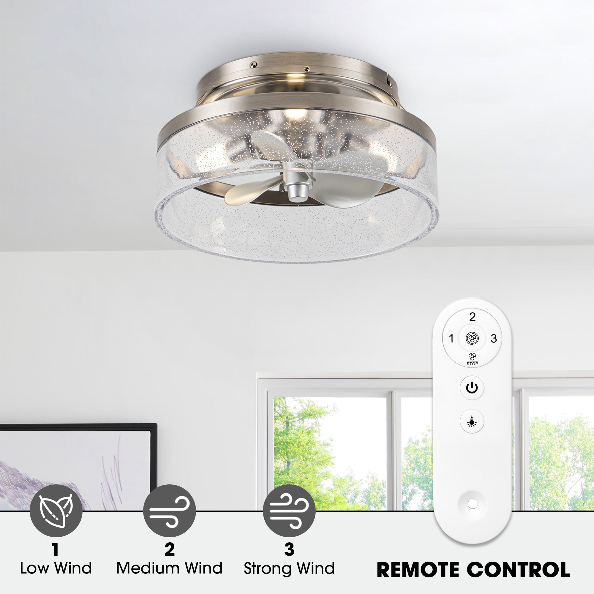 13" Modern Nickel Caged Flush Mount Ceiling Fan with Light and Remote