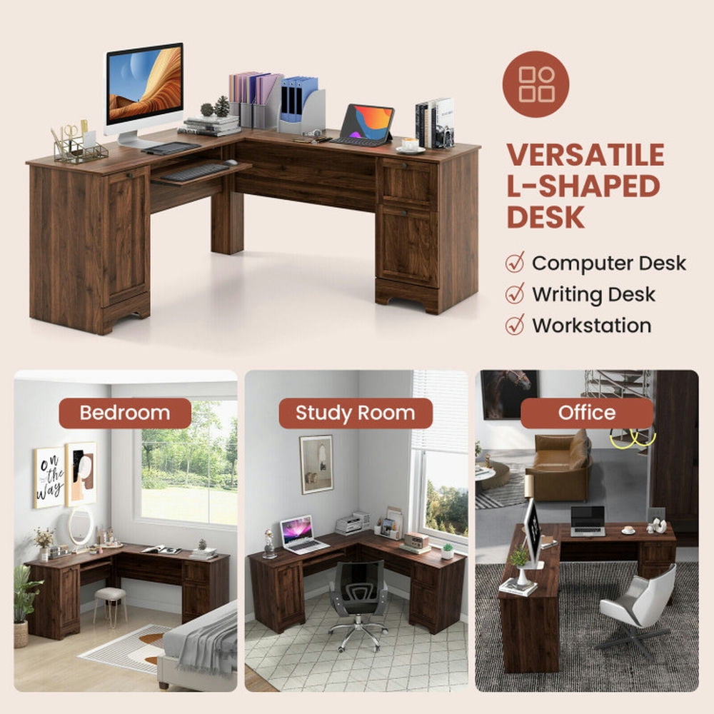 Demi Bonn L-Shaped Office Desk with Storage Drawers and Keyboard Tray, Small Home Computer Desk Study Writing Table, Walnut