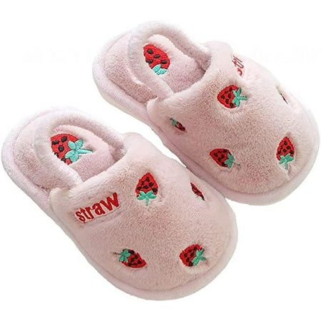 

shuwee Kawaii Strawberry Slippers for Kids Cute Slide Warm Fur Fuzzy House for Girls