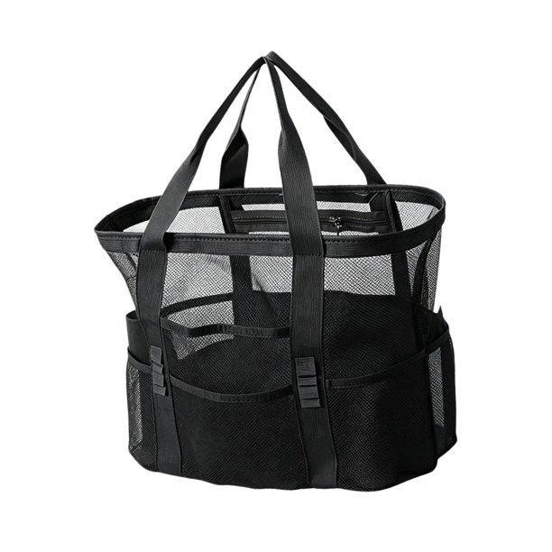 Bolso de playa de malla, bolsa de almacenamiento de red, bolso de mano para artículos esenciales de vacaciones en piscina, natación y viajes. Negro