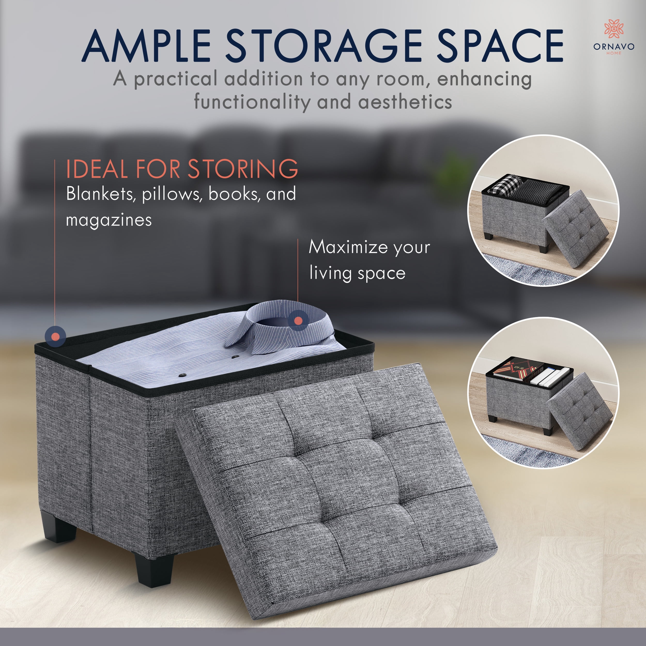 Ornavo Home Storage Ottoman Small Rectangle Ottoman with Legs, Foot Rest Stool Seat, Load up to 600 LB, for Living Room, Bedroom, Home Office, Dorm - 12 x 16 x 12, Gray