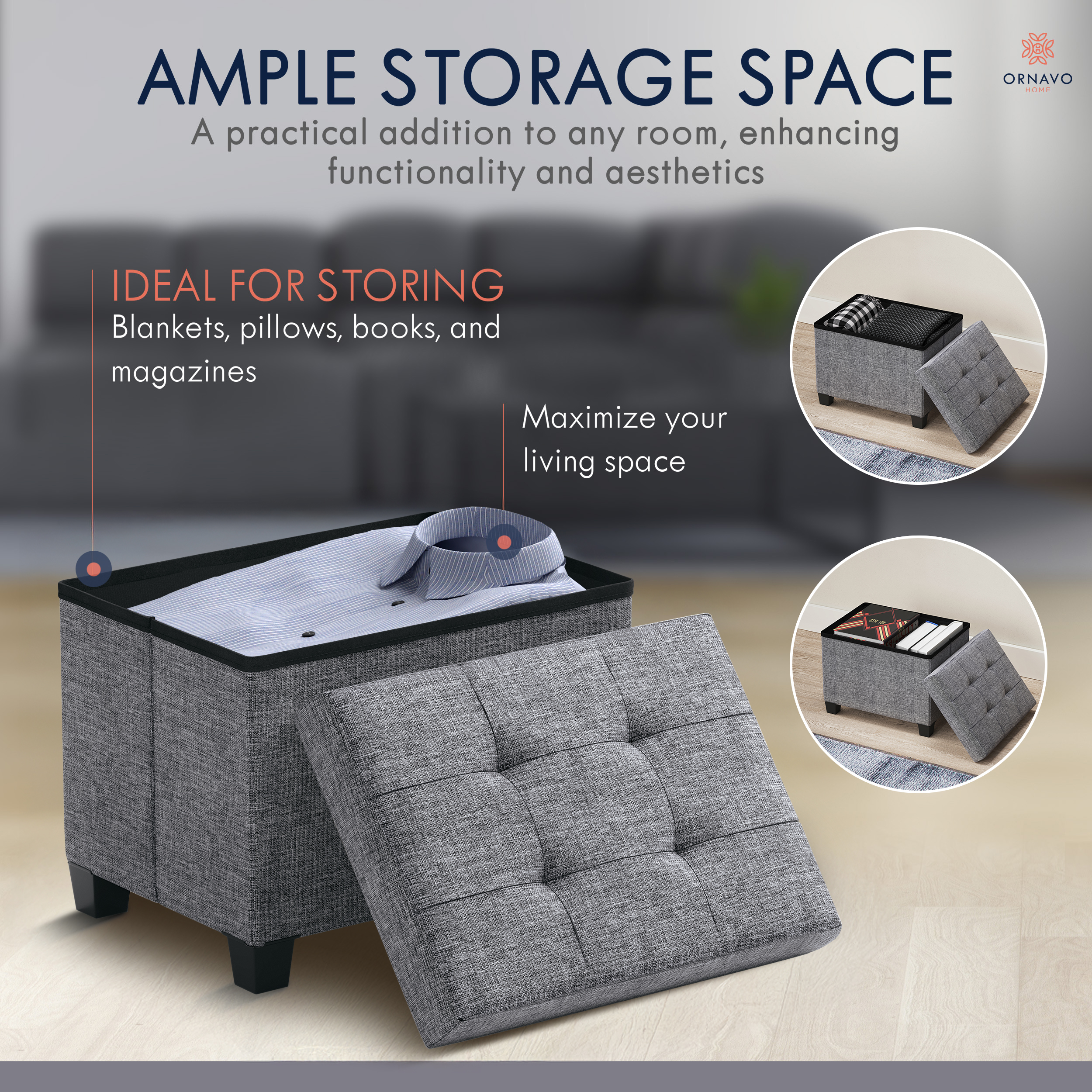 Ornavo Home Small Storage Ottoman with Legs, Gray Linen photo 5