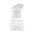 thumbnail image 3 of Baberdicy 2Pcs Women 2 Piece Outfits Clubwear One Shoulder Metallic Bodysuit Top Night Party Club Mini Skirt Set Bodycon Dresses for Women, Fringe Mini Dress White Mardi Gras, 3 of 5