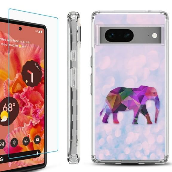 OneToughShield ® for Google Pixel 7a Shockproof Bumper Phone Case, with Tempered Glass Screen Protector - Elephant /Polygon