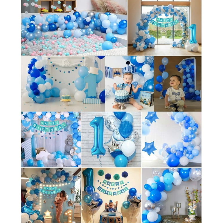 1st Birthday Boy Decorations - Baby Boy 1st birthday Party Supplies Blue  White Balloon Decorations with 1st Birthday Baby Crown Balloon, 1st BDay