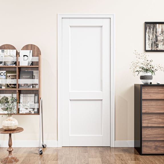 36" x 80" Primed 2 Panel Solid Core Interior Shaker Slab Door – White Classic Manufactured Solid Wood, Minimalist Rail Design