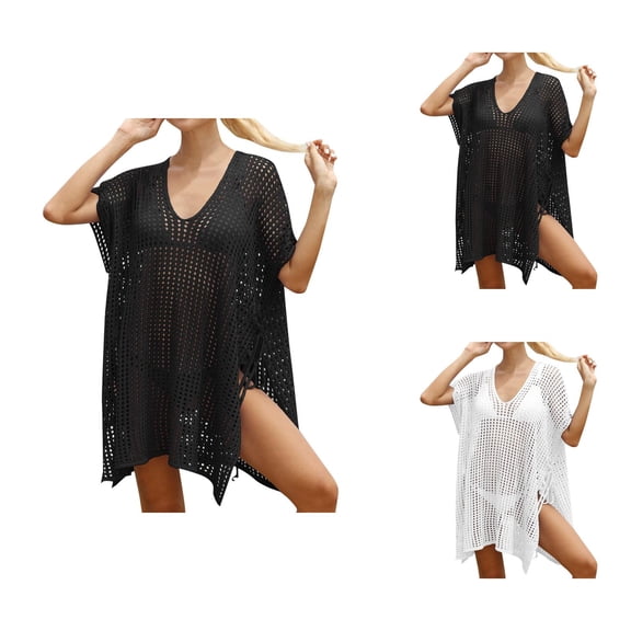 Swimsuit Coverup for Women Short Sleeve V Neck Side Slit Crochet Knit Loose Mini Dress Beach Cover Up Bathing Suit Dress