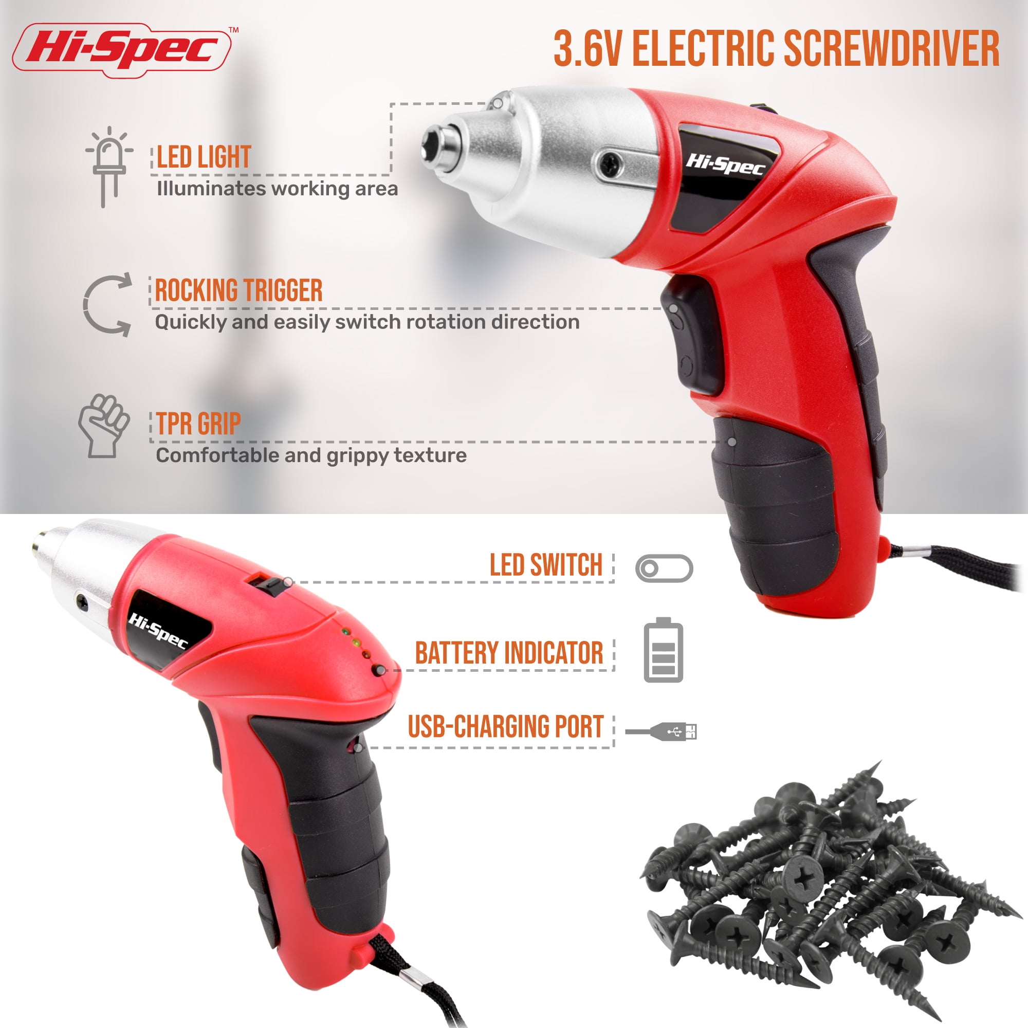 Hi-Spec 27pc 3.6V Compact Cordless Electric Power Screwdriver & Bit Set USB Rechargeable Battery