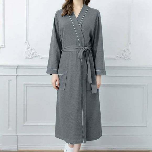 LSLJS Womens Solid Bandage Robe Long Sleeves Loungewear Dress Full Length Sleepwear Pockets Housecoat Nightgown Long Bathrobe