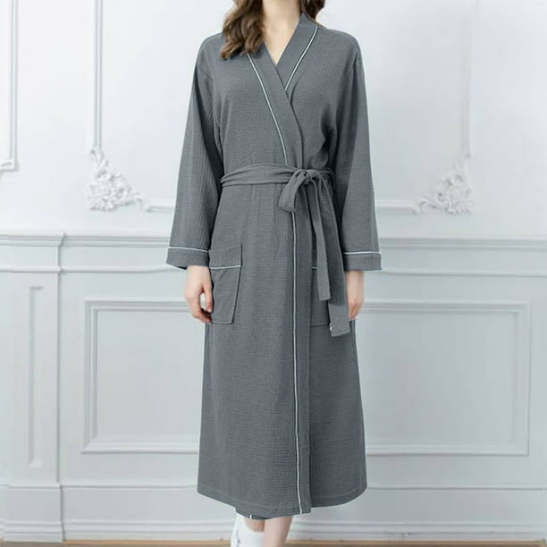 Batas para mujer, bata de baño lisa con vendaje, pijama largo, ropa de dormir con bolsillo en la cintura y cinturones.