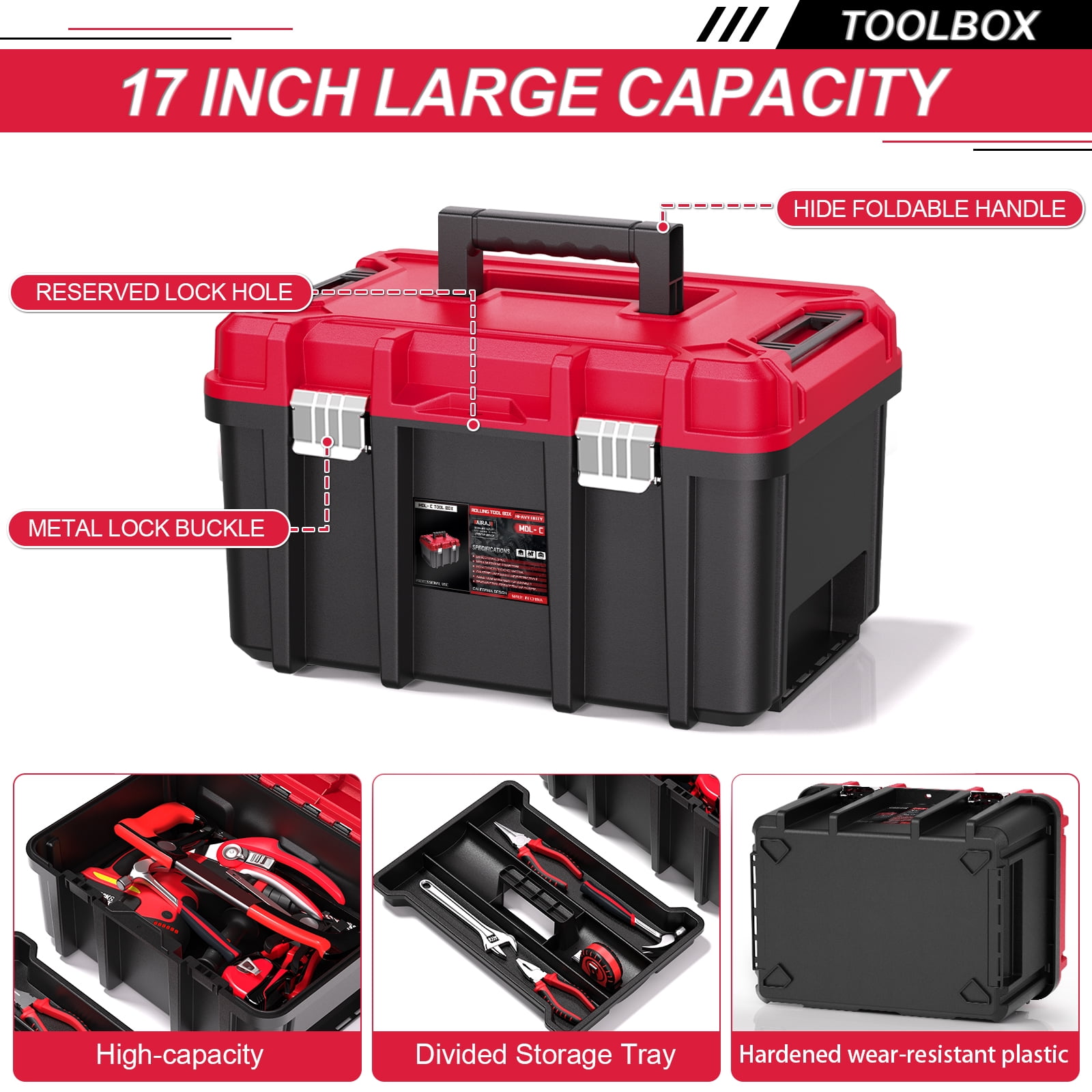 3-Tier Stackable & Connectable Rolling Tool Box with Lock | 17" Large Portable Tool Organizer System on Wheels for Garage & Professional Work