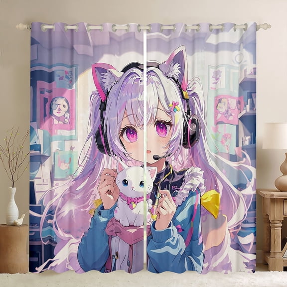 Manfei Kawaii Cat Black Out Curtains,Japanese Style Curtains Pack of 2 (42x63 Each),Anime Girl Bedroom Curtains,Teenager Bedroom Decor