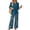 Navy, variant on Vintage Ditsy Floral Print Two Piece Set for Women, 3/4 Sleeve Button Down Top & Wide Leg Pants - Retro Boho Casual Lounge Outfit with Flowy Trousers Army Green L