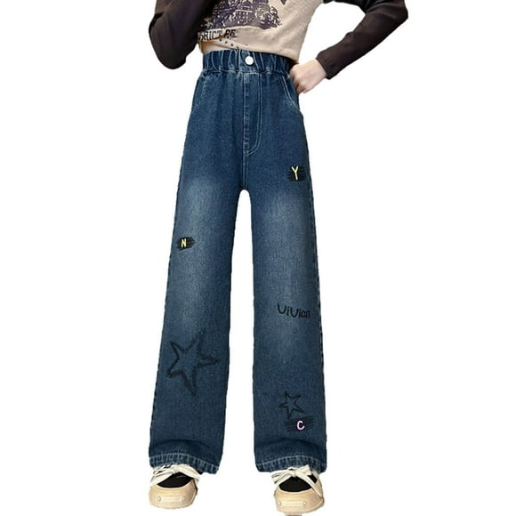 Fall/Spring Saving! HVOBTTY Kid's Long Wide Leg Jeans, Girls' Workwear Jeans Straight-cut Loose-fitting Casual Wide-leg Pants Children's Pants for Spring and Fall Blue, 7 Years