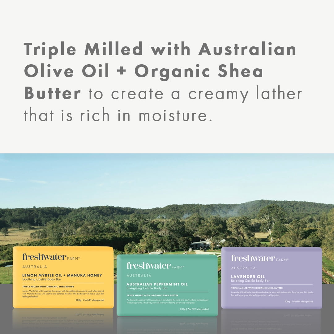 (3 pack) Freshwater Farm Australian Peppermint Energizing Castile Body Bar, Naturally Derived Bar Soap 7oz