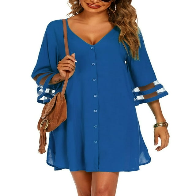 Women Bikini Cover-Up Loose Fit Button-Down 3/4 Sleeve V Neck Chiffon Solid Color Beach Dress Sundress